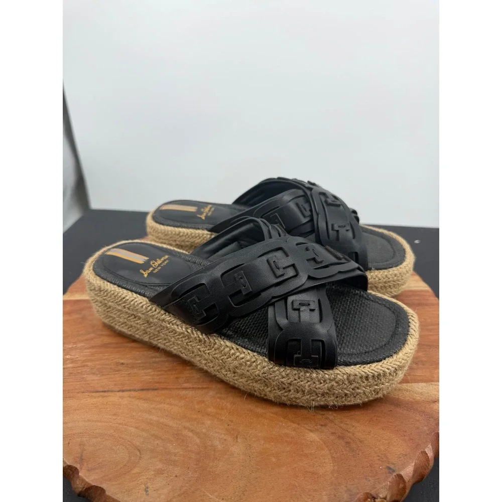 Sam Edelman Pria Platform Sandals Womens 7.5 Black Leather Espadrille Slides